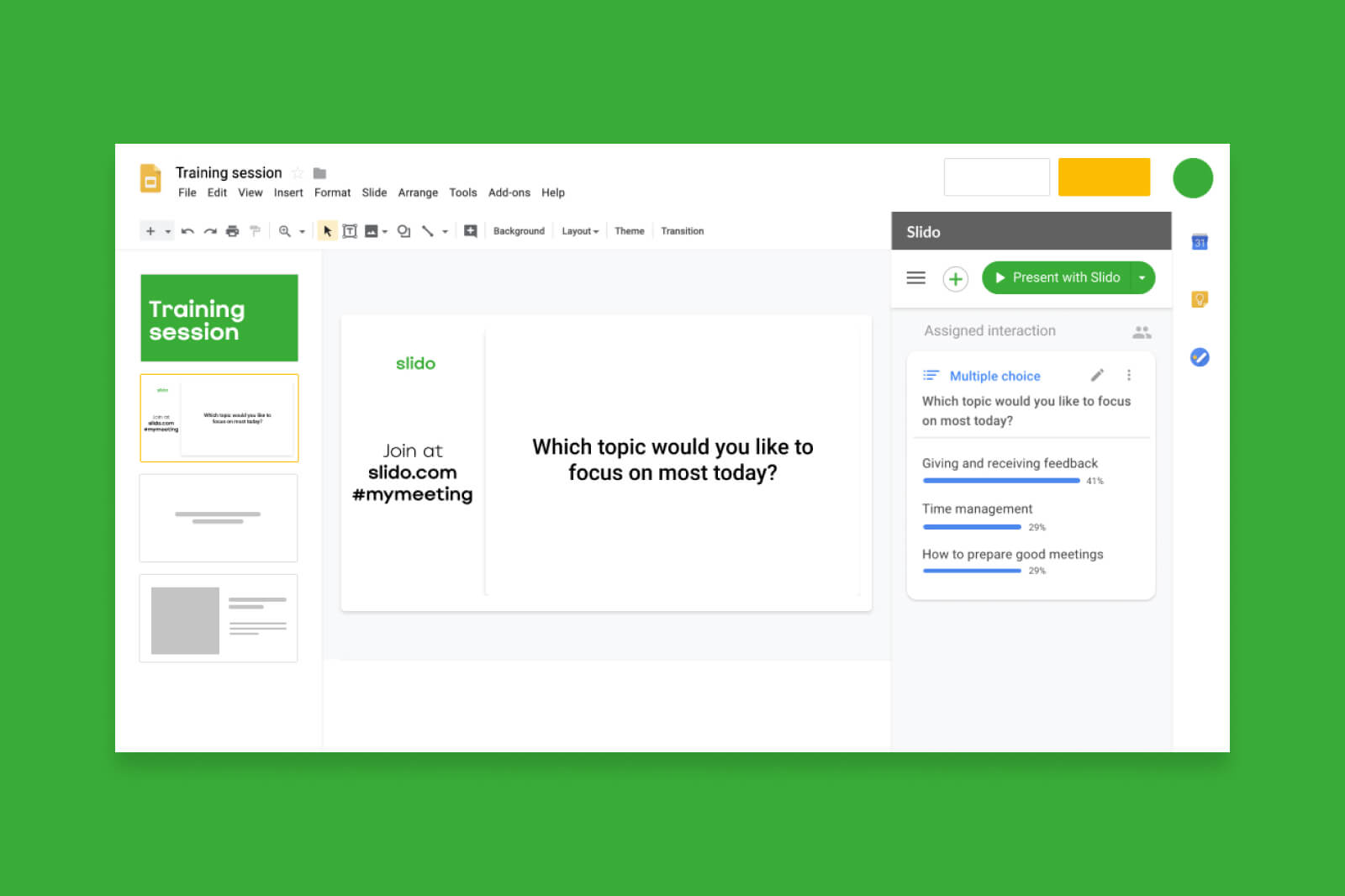 Slido for Google Slides integration is now available to all Slido users