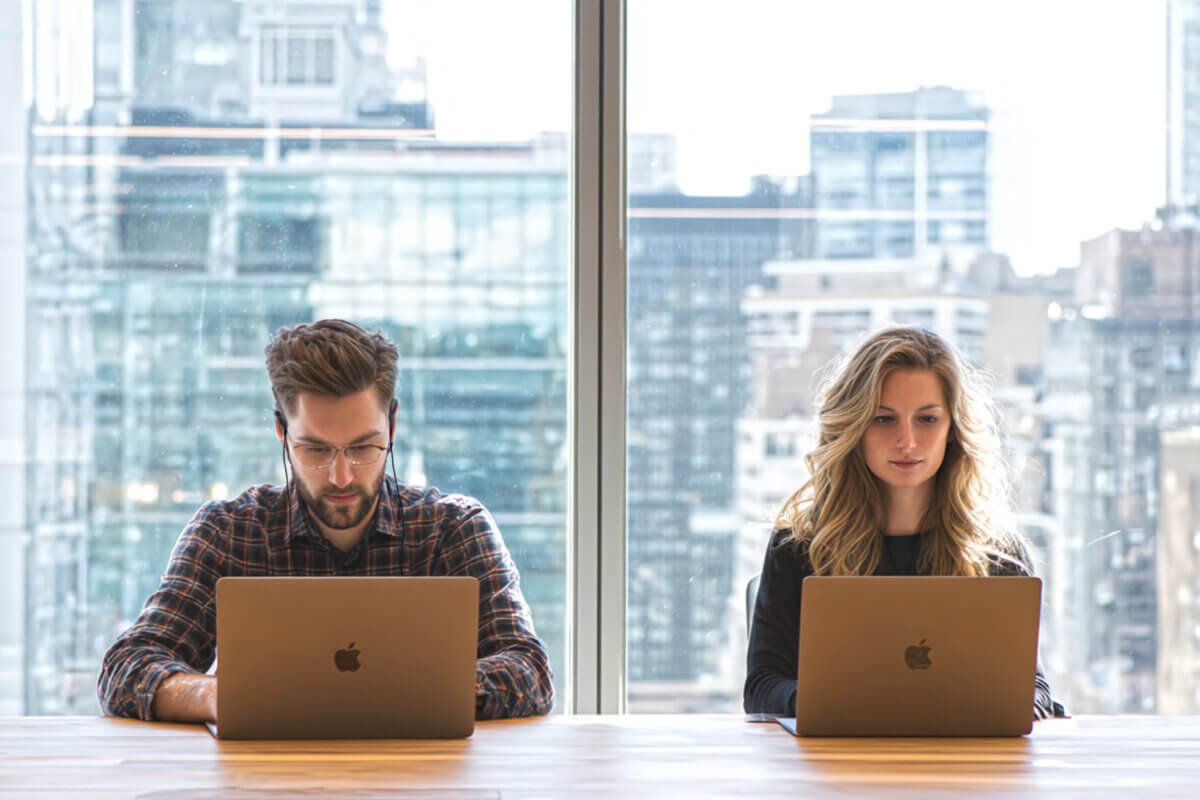 Two people on laptops reading at a silent meeting